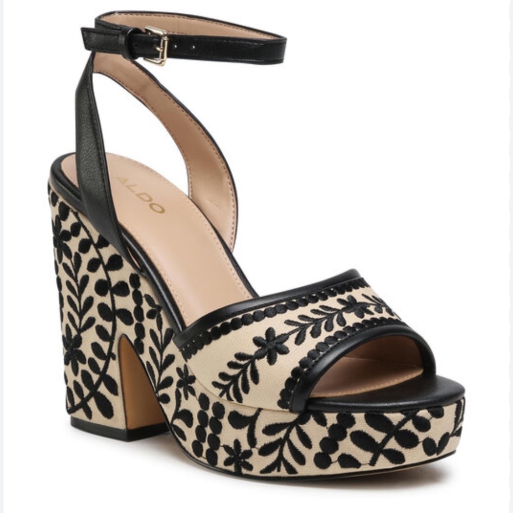 Aldo Black and Cream Embroidered Platform Ankle-Strap Sandals
